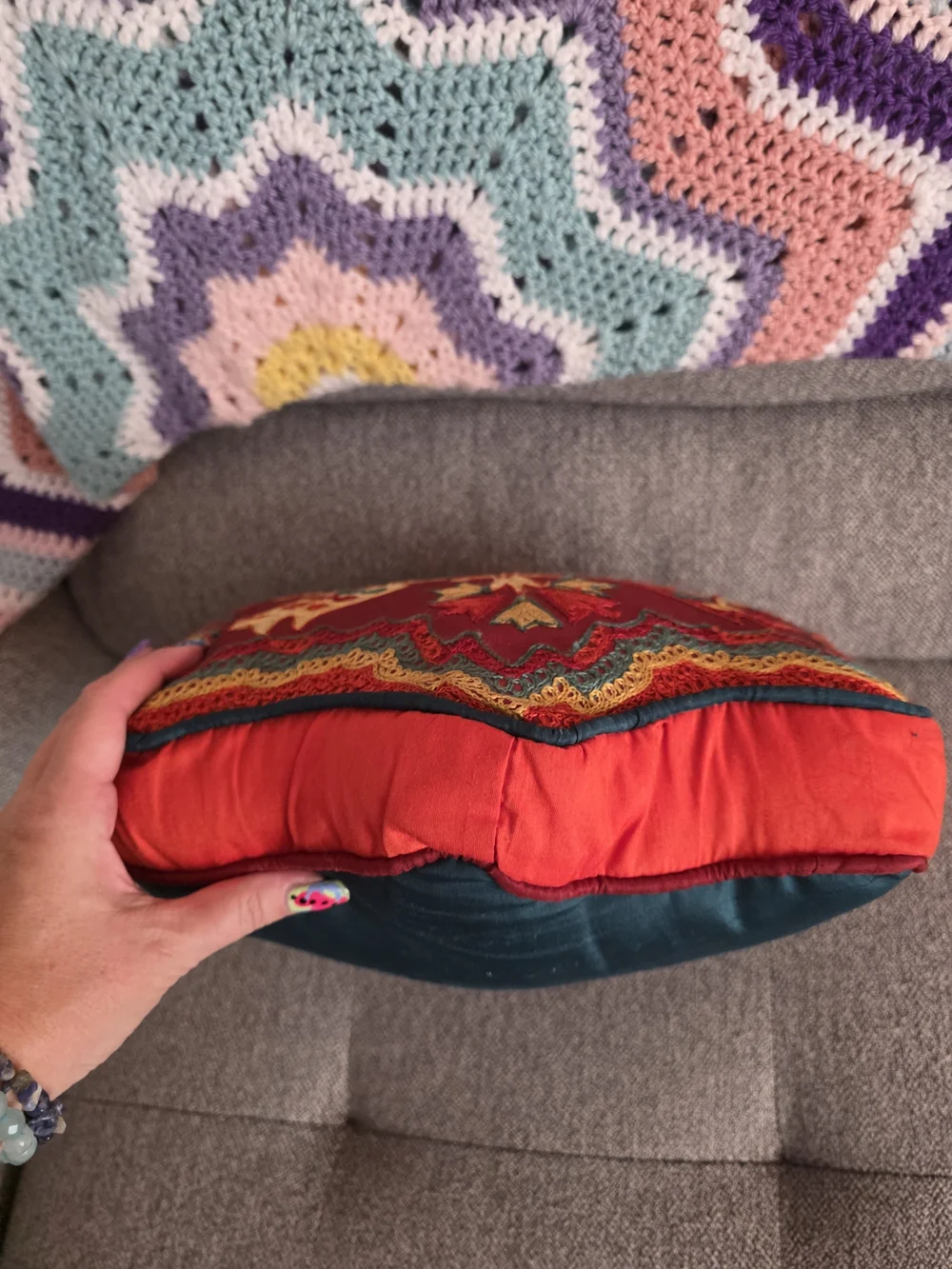 Vintage Red and Gold Embroidered Floral Accent Pillow